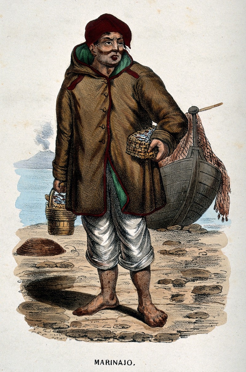 Colour drawing of a sailor with a coat, bear feet carrying baskets
