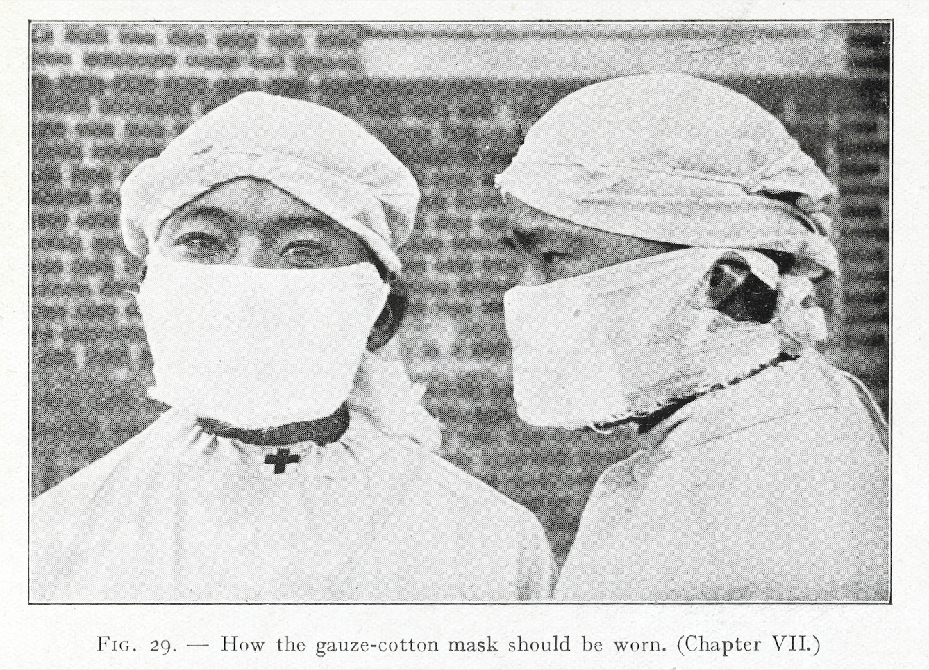 Photograph depicting how the gauze-cotton mask should be worn