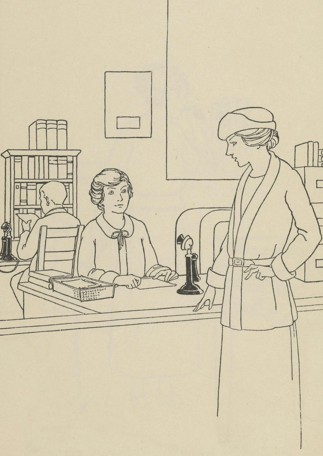 Black and white line drawing showing one woman standing and another sitting. The woman sitting is behind a desk.