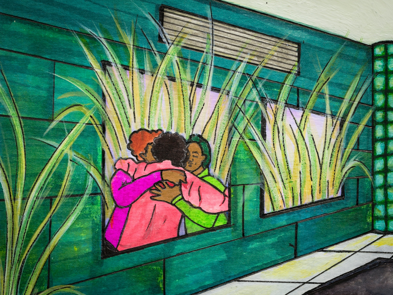 Detail from larger artwork made with paint and ink on textured watercolour paper. The artwork shows two large windows full of plants and the natural world, and a group of 3 people hugging in a gesture of support and understanding.