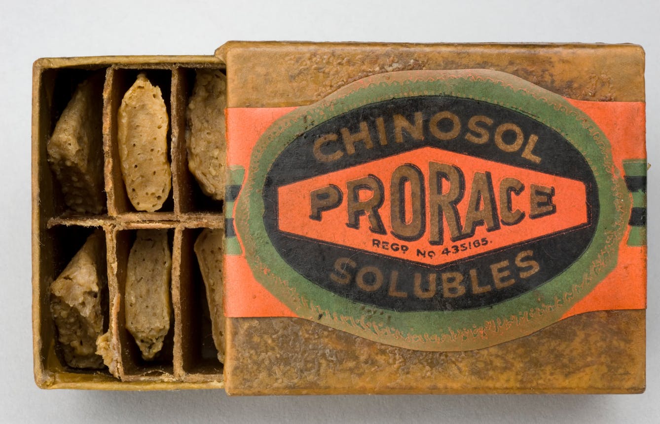 Photograph of Spermicidal Pessaries, ‘Prorace’ brand, London, England, 1920s. Sleeve box with dividers holding individual pessaries. Label reads "Prorace: Chinosol Solubles".