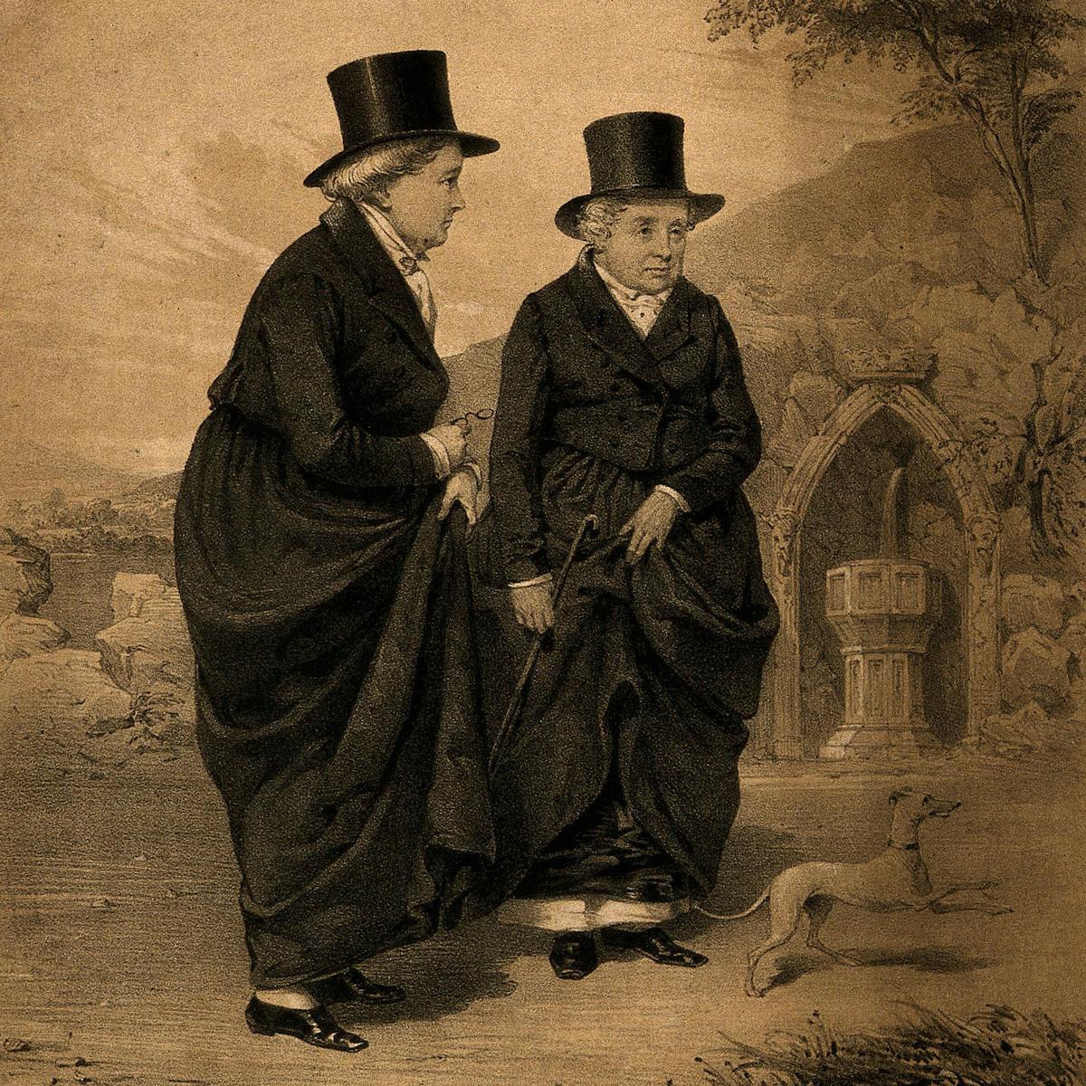 Etching showing 2 ladies in black overcoats and top hats standing together outside in a country scene. One holds a cane and the other a pair of spectacles. at their feet is a small dog, mid jump. Behind them are trees, rocks and carved stone fountain.