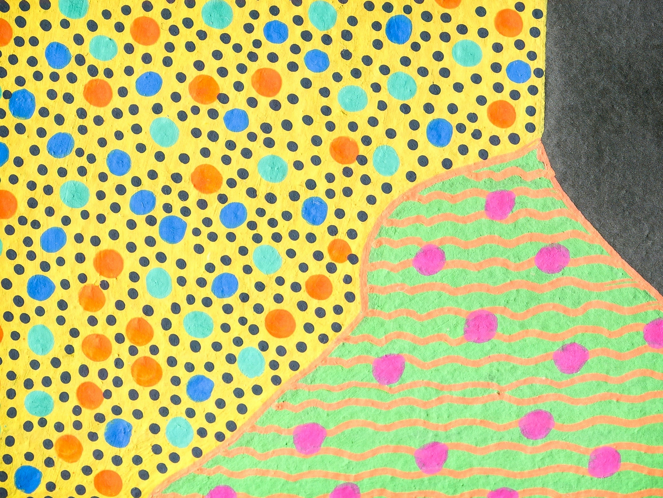 Artwork created by painting over the surface of a black and white photographic print with colourful paint. The artwork shows an original section of the photographic print in the top right. Apart from this section the left of the image is a painted yellow background covered in small green, orange and blue dots. The bottom right corner has a green background with wavy orange horizontal lines and pink spots. The texture of the paint can be seen, including the boundary between the painted area and the original photographic print.