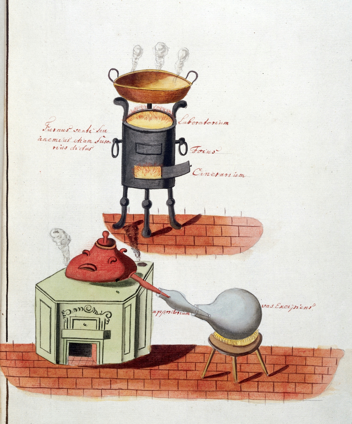 Alchemical apparatus, including a black stove blazing with fire with a bowl perched on top, and some sort of oven with a red jar leading to a glass receptacle. 