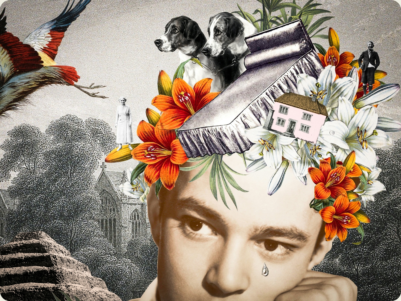 Artwork using collage.  The collaged elements are made up archive material which includes, vintage photographs, etchings, painted illustrations, lithographic prints and line drawings. This artwork depicts a man on the right hand side with his head resting on his hand. Forming a headdress on his head are pictures of a bed, two dogs, a house, flowers and an elderly man and woman. 