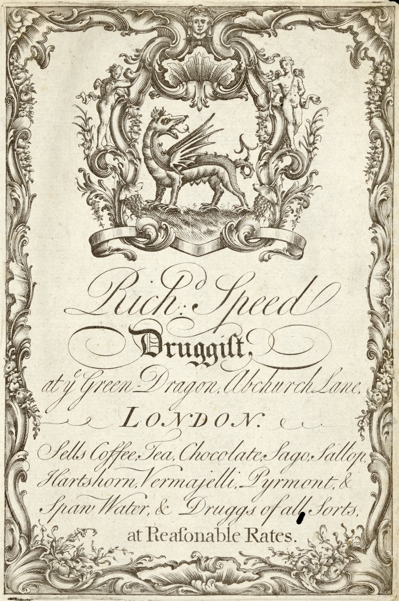 18th century trade card for Richard Speed, druggist