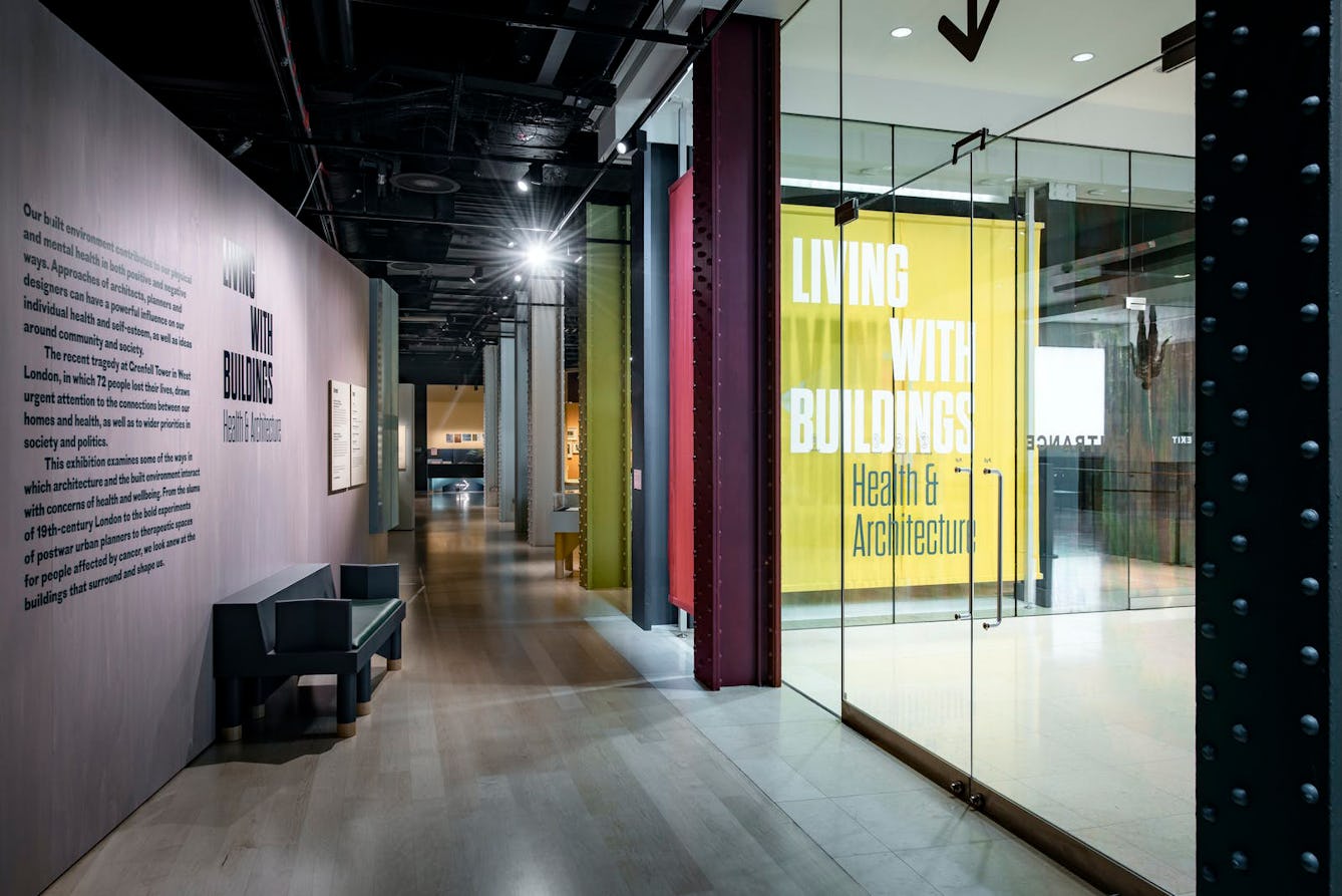 Image shows the threshold to an exhibition. The exhibition title outside the gallery and introductory text inside the gallery can be viewed from the same position. Gallery guides and large print guides are clearly available as you enter the gallery.