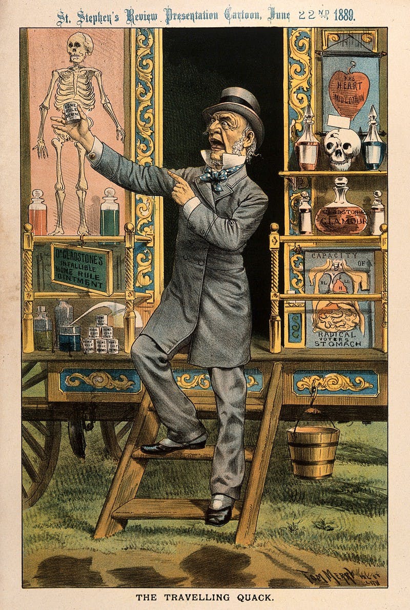 Image of coloured drawing for a satirical poster. A man in Victorian dress points with one hand to a pot of medicine in the other. Behind him is eccentric looking medical equipment.