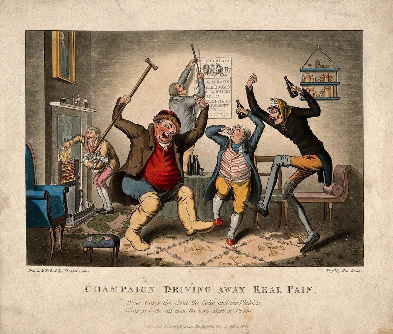 A colour illustration showing three men in high spirits and leaping about. Two are holding bottles of beer, one is drinking from a glass. In the background, a man puts fuel on an open fire, while another pins up a poster.