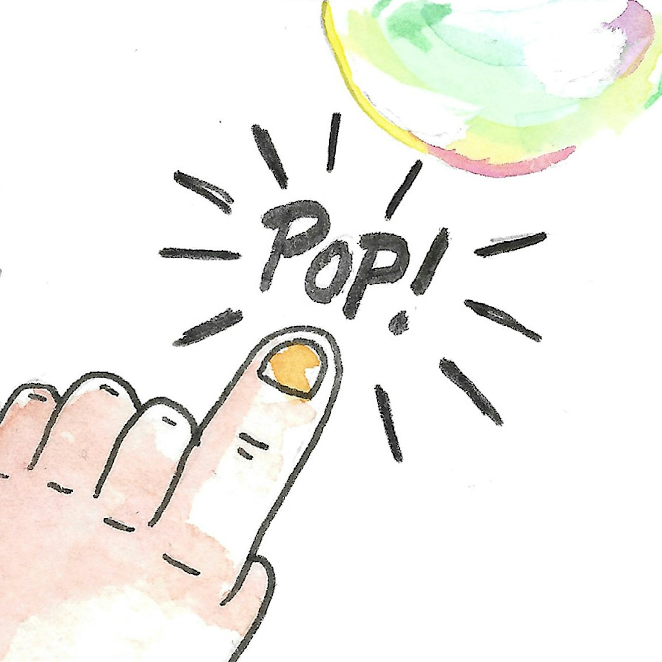 A hand popping a bubble with the word "pop" (comic detail)