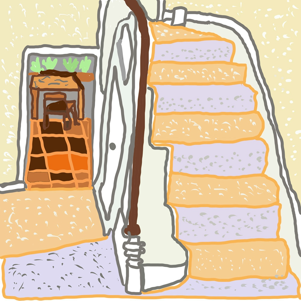 Webcomic displaying an indoor staircase with orange and purple carpet, a brown banister and cream walls. Behind the staircase shows a doorframe opening to a room with brown and orange tiled flooring, with a brown table and chair.