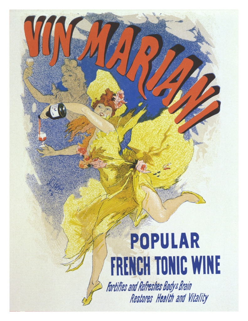 Colour poster featuring a woman in a yellow dress pouring wine from a bottle into a glass. Text: Vin Mariani, popular French Tonic Wine.