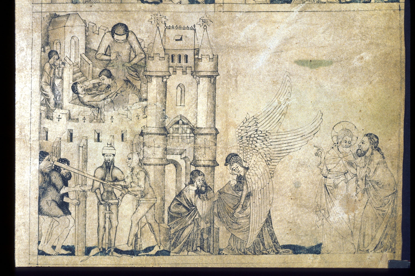 Colour image of a medieval manuscript drawing in black ink showing the city of Sodom and angels observing vices such as fighting and masturbation.