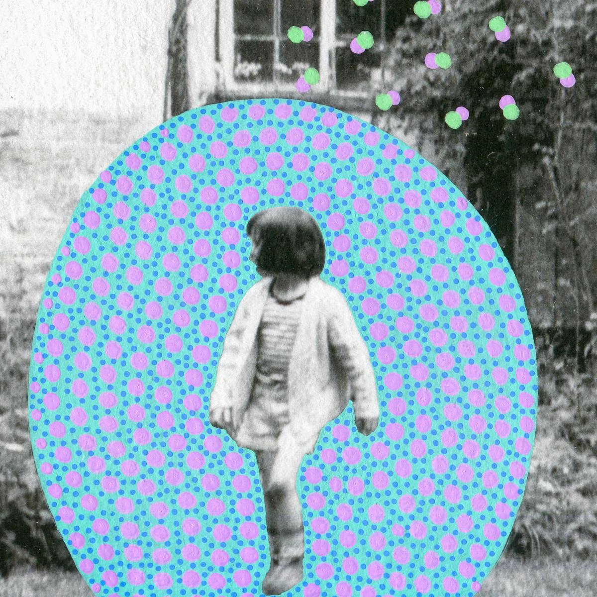Artwork created by painting over the surface of a black and white photographic print with colourful paint. The artwork shows the original scene of a young girl walking towards the camera with her head turned to the left and her hair obscuring the side of her face. The girl is pictured in front of part of a rural cottage. The front door can be seen under a deep porch made of wooden trellis and tree trunks. To the left of the door is a small window in a white washed brick wall. There are shrubs and lawn in front of the cottage. Under the porch is a petrol lawn mower and part of a white plastic laundry basket. The girl is surrounded by an oval shaped painted cyan background covered in small blue and larger purple dots. Over the original print to the right and above the painted oval are pairs of small painted dots. One dot in the pair is green, the other purple. These dots float like butterflies within the scene.