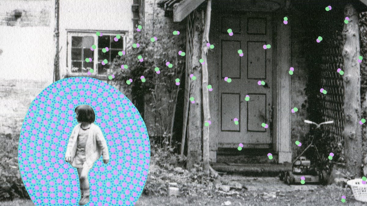Artwork created by painting over the surface of a black and white photographic print with colourful paint. The artwork shows the original scene of a young girl walking towards the camera with her head turned to the left and her hair obscuring the side of her face. The girl is pictured in front of part of a rural cottage. The front door can be seen under a deep porch made of wooden trellis and tree trunks. To the left of the door is a small window in a white washed brick wall. There are shrubs and lawn in front of the cottage. Under the porch is a petrol lawn mower and part of a white plastic laundry basket. The girl is surrounded by an oval shaped painted cyan background covered in small blue and larger purple dots. Over the original print to the right and above the painted oval are pairs of small painted dots. One dot in the pair is green, the other purple. These dots float like butterflies within the scene.