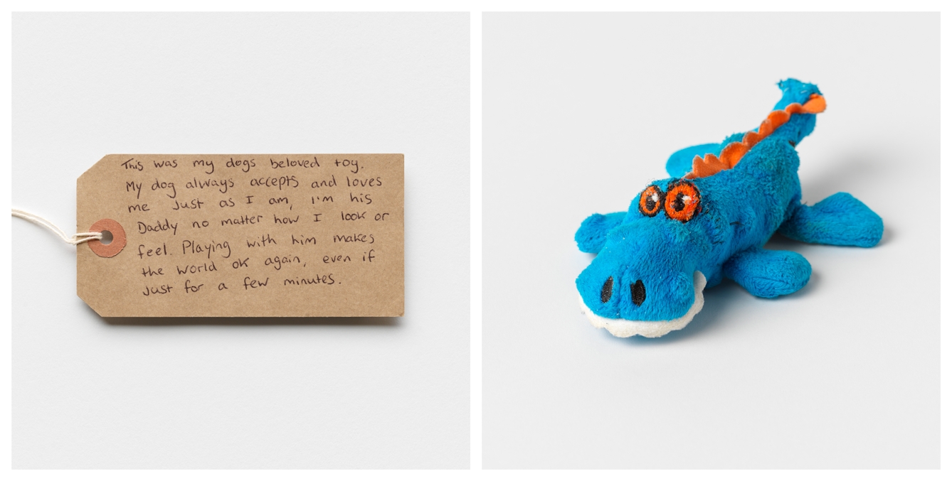 Photographic diptych showing a handwritten brown card label on the left and a soft toy crocodile on the right.