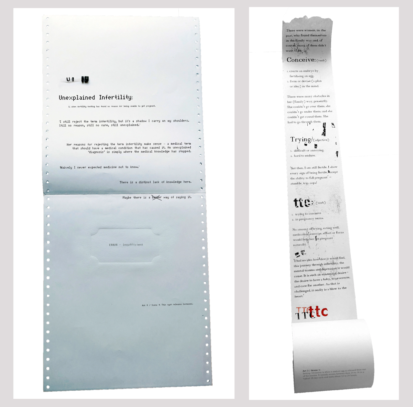 Two images side by side. One is of an old dot matrix computer print out with text, the other is a till roll with text and images added.