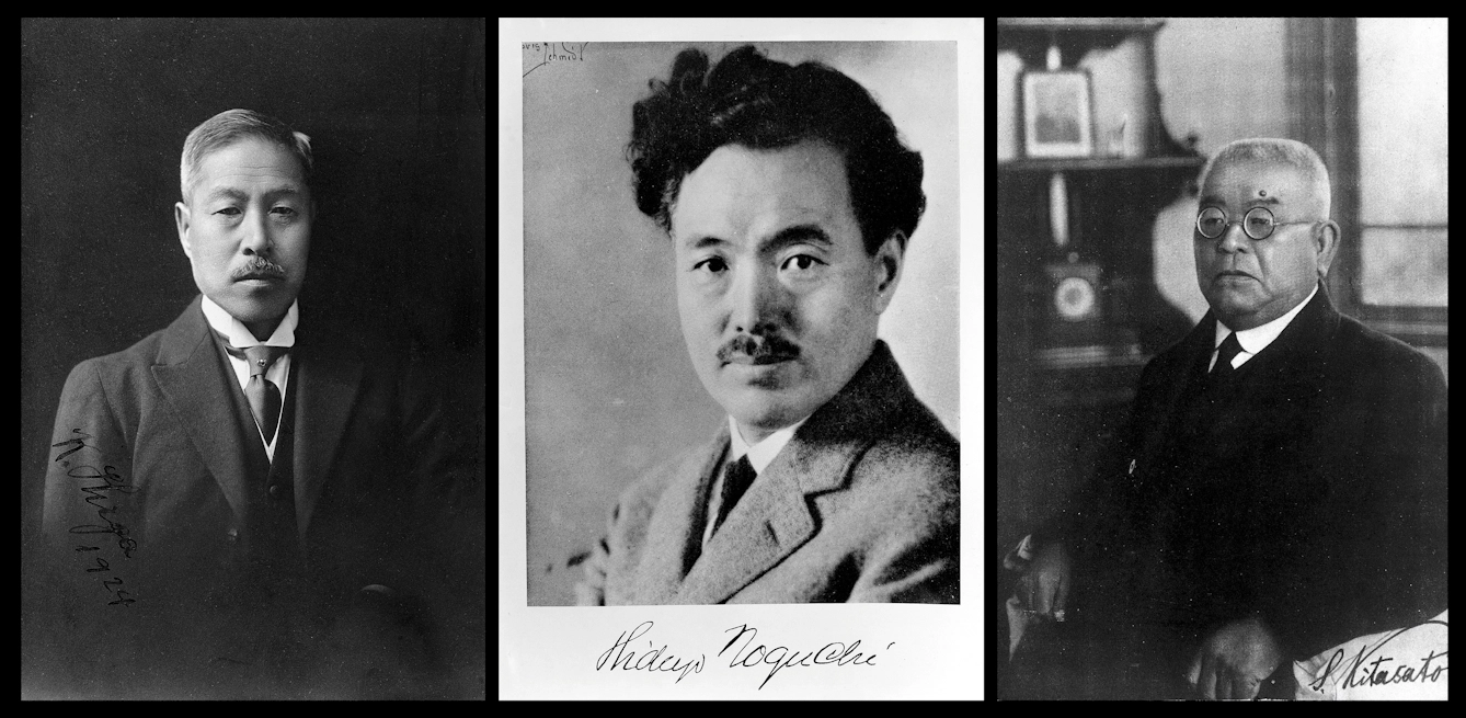 Three black-and-white portrait photographs of Shiga Kiyoshi, Hideyo Noguchi and Kitasato Shibasaburō with their signatures.