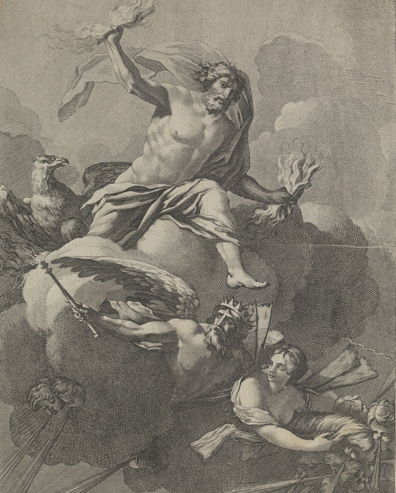 The Latin lettering on this seventeenth century engraving describes how the thunderbolts hurled by Jupiter ‘terrify us’.
