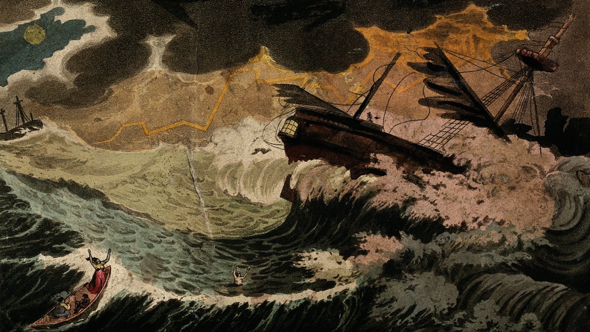 A ship caught in a storm; three people in a lifeboat in the foreground.