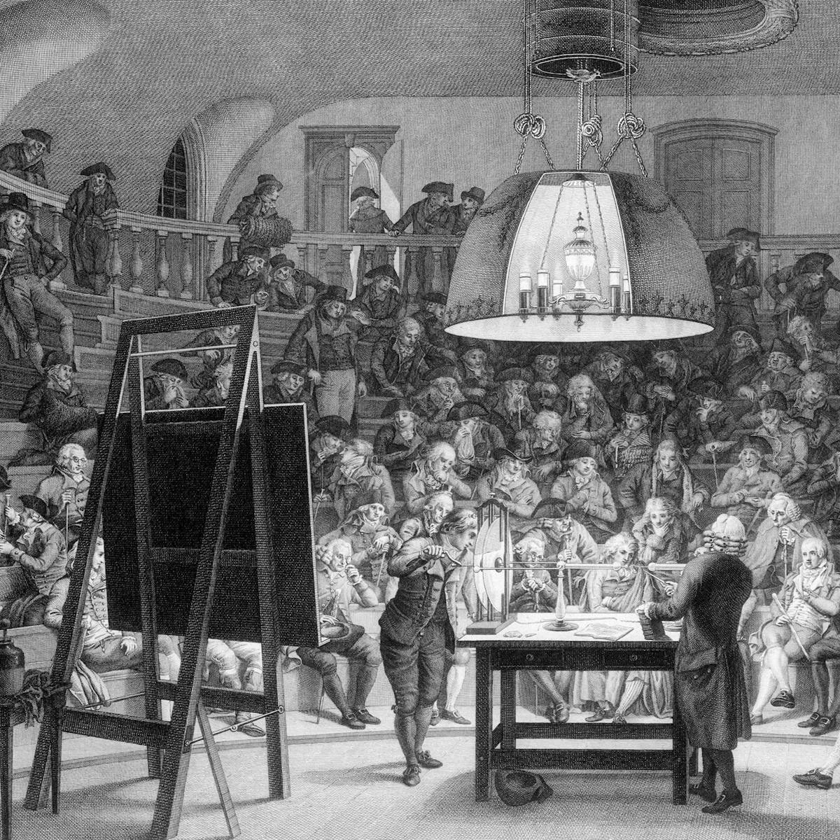 J H van Swinden demonstrating the generation of electricity to the Felix Meritis Society, Amsterdam. Engraving by R. Vinkeles after J. Kuyper and P. Barbiers.