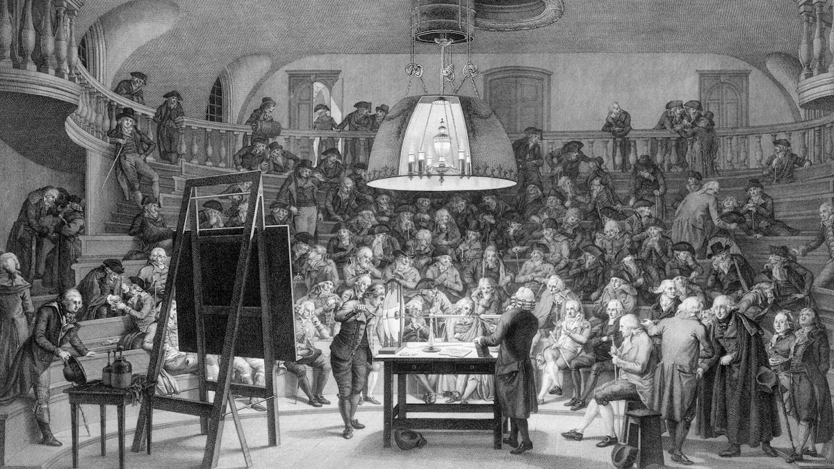 J H van Swinden demonstrating the generation of electricity to the Felix Meritis Society, Amsterdam. Engraving by R. Vinkeles after J. Kuyper and P. Barbiers.