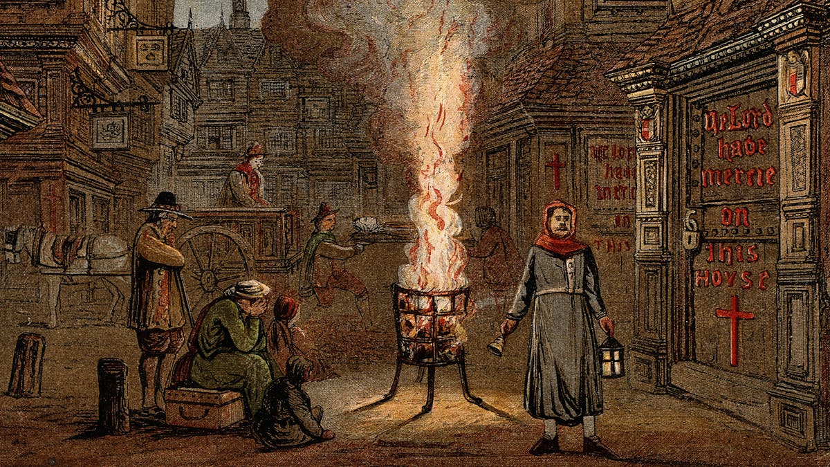 A street during the Great Plague in London, 1665, with a death cart and mourners