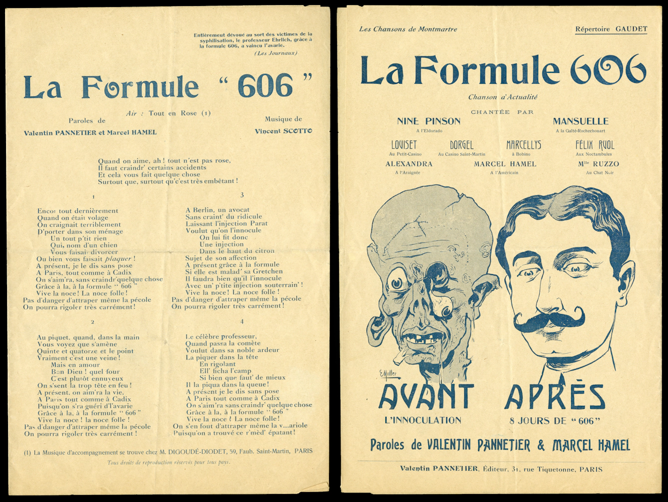 Front and reverse of a French poster titled La Formule 606. In blue ink are song lyrics with an illustrated before-and-after comparison labelled “Avant l’inoculation” and “Après 8 jours de ‘606’”.