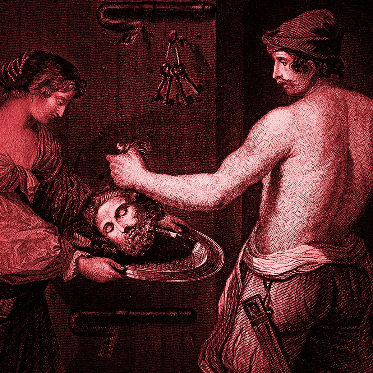 An engraving showing a man’s head on a plate. The plate is being held by a woman, man grasps the head’s hair.