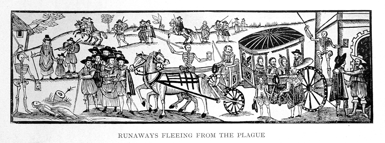 A woodcut showing people fleeing the plague