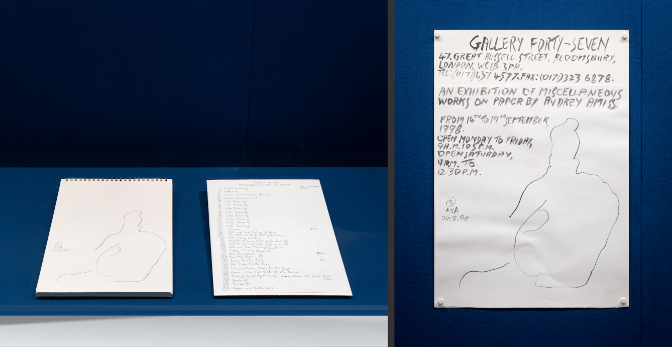 Photographic diptych showing a collection of material related to the Audrey Amiss exhibition ‘Fireworks: A Protest Exhibition’, 1989, made by Audrey Amiss. On the right, the poster shows a line drawing of the back view of a naked woman, sitting on the floor. The text details the location and content of the exhibition.