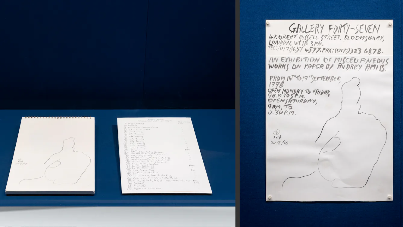 Photographic diptych showing a collection of material related to the Audrey Amiss exhibition ‘Fireworks: A Protest Exhibition’, 1989, made by Audrey Amiss. On the right, the poster shows a line drawing of the back view of a naked woman, sitting on the floor. The text details the location and content of the exhibition.