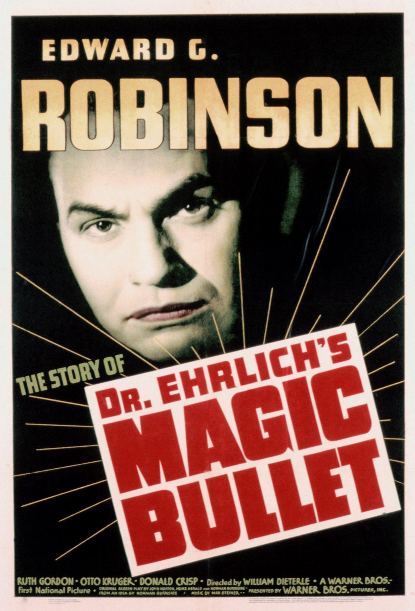 Film poster for Dr. Ehrlich’s Magic Bullet (1940), featuring a large black-and-white portrait of Edward G. Robinson above the title in bold red lettering on a black background.