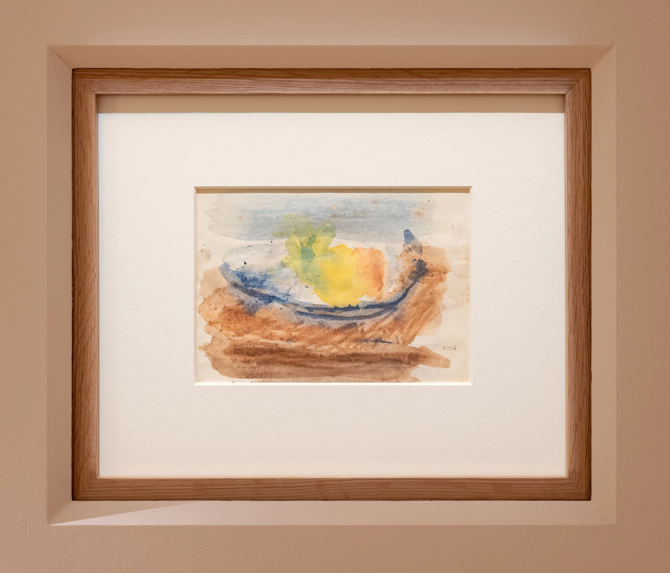 Framed watercolour painting of unidentifiable fruit in a shallow dish. 'Dish with Fruit(1)' by Audrey Amiss.