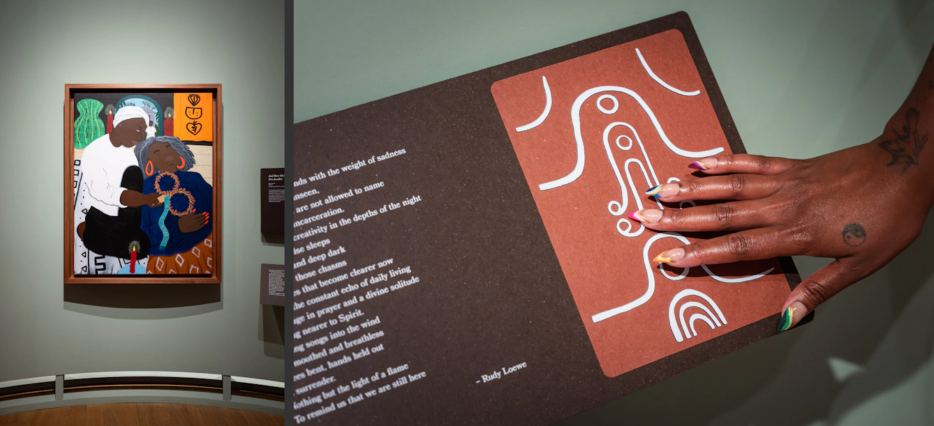 Photographic diptych showing a colourful oil painting on the left depicting two people where one is caring for the other. The image on the right shows the fingertips of a hand tracing the lines of a tactile graphic symbol on an information panel.