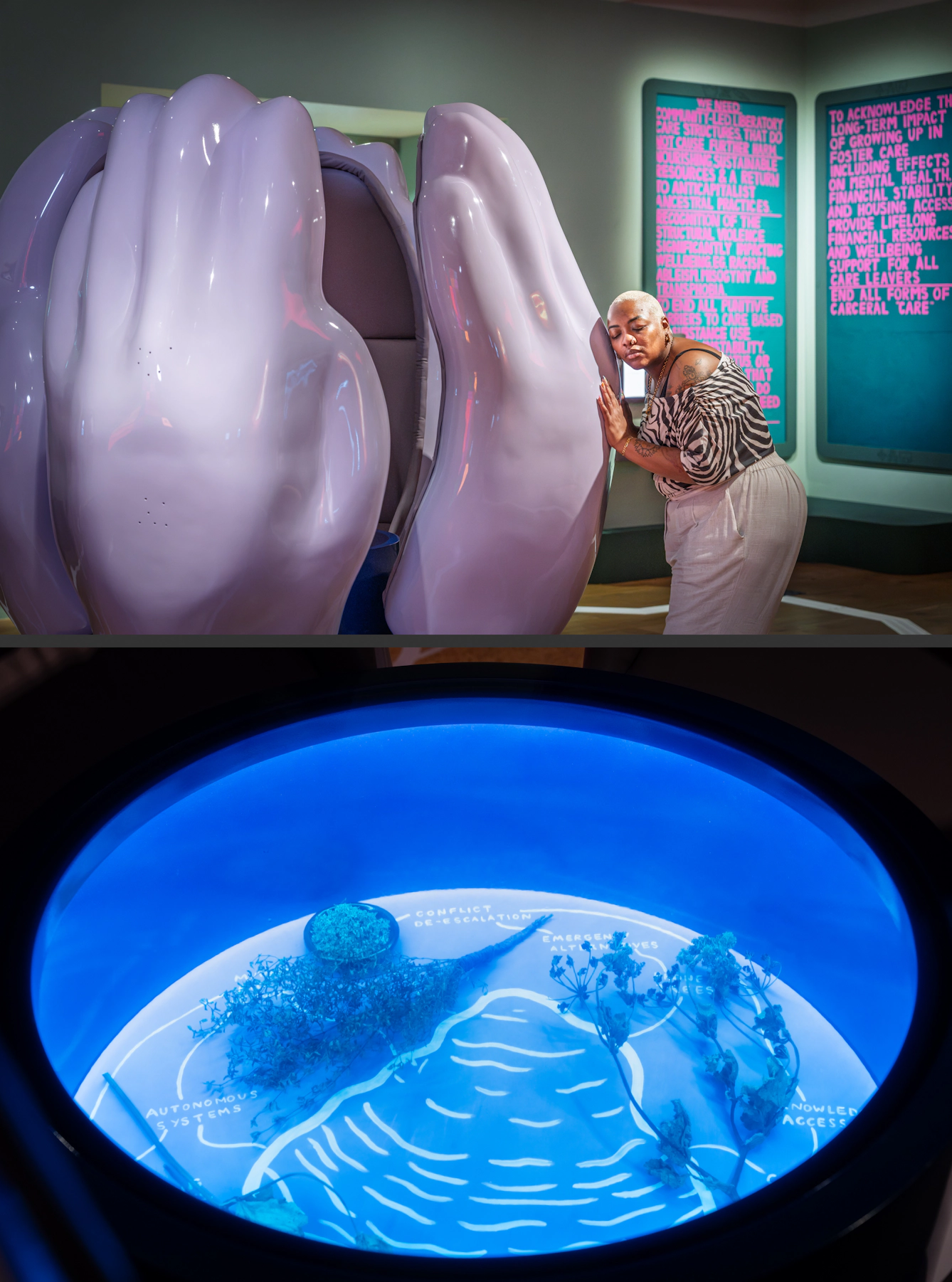 Composite image showing a visitor beside a large pink sculpture and a blue-lit installation with plants and illustrated markings.