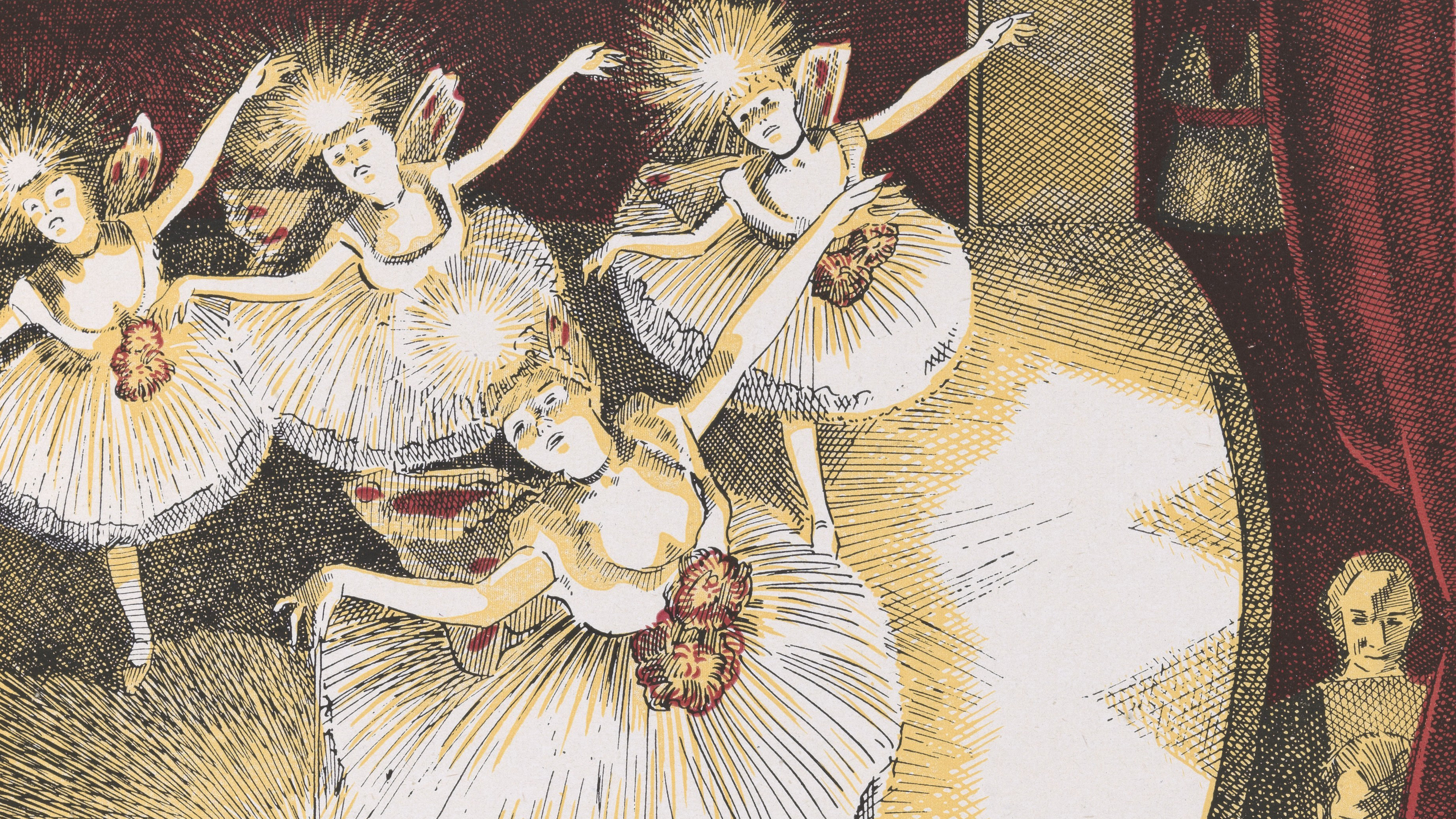 Drawings of four dancers in a fairy chorus, with electric lamps twinkling in their hair.