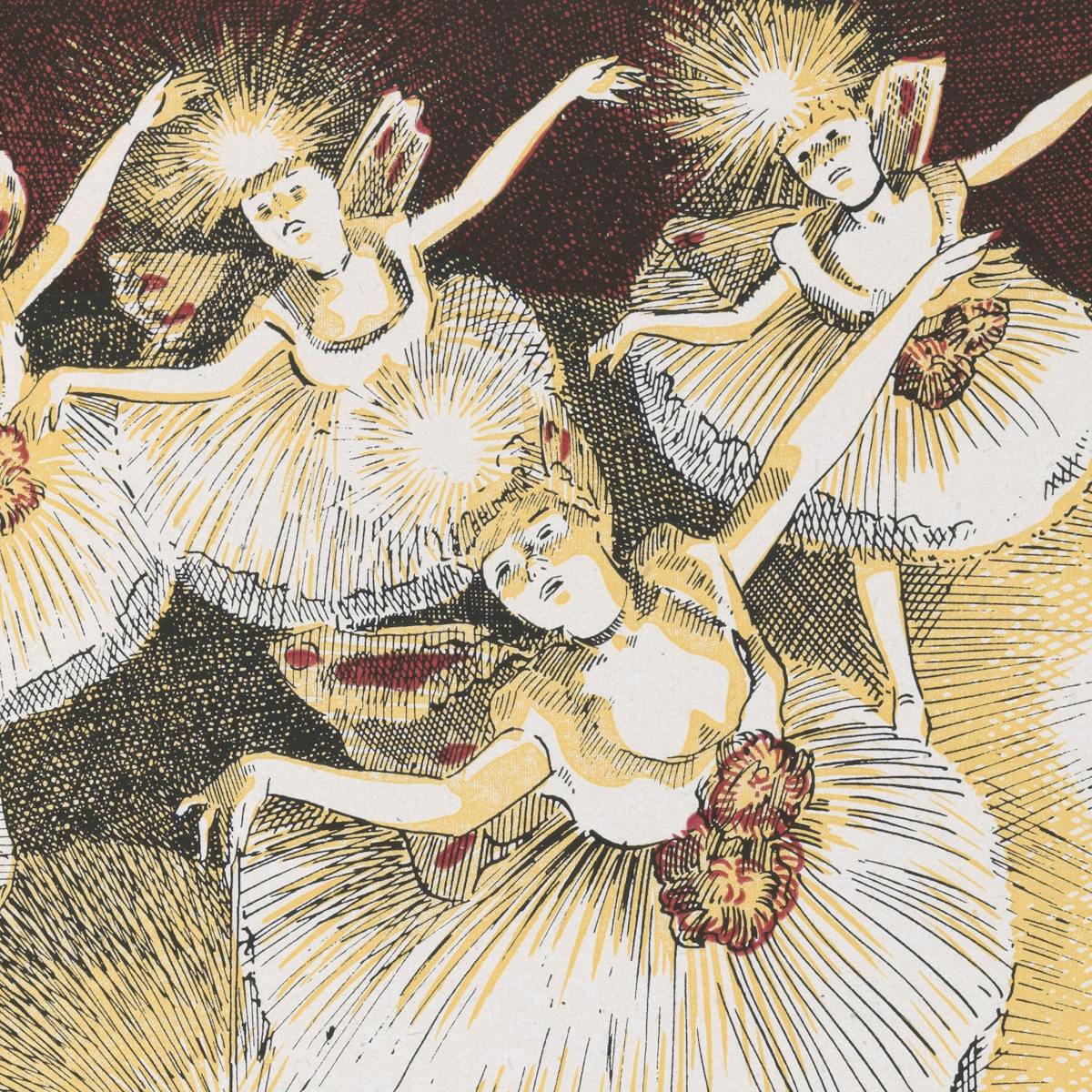 Drawings of four dancers in a fairy chorus, with electric lamps twinkling in their hair.