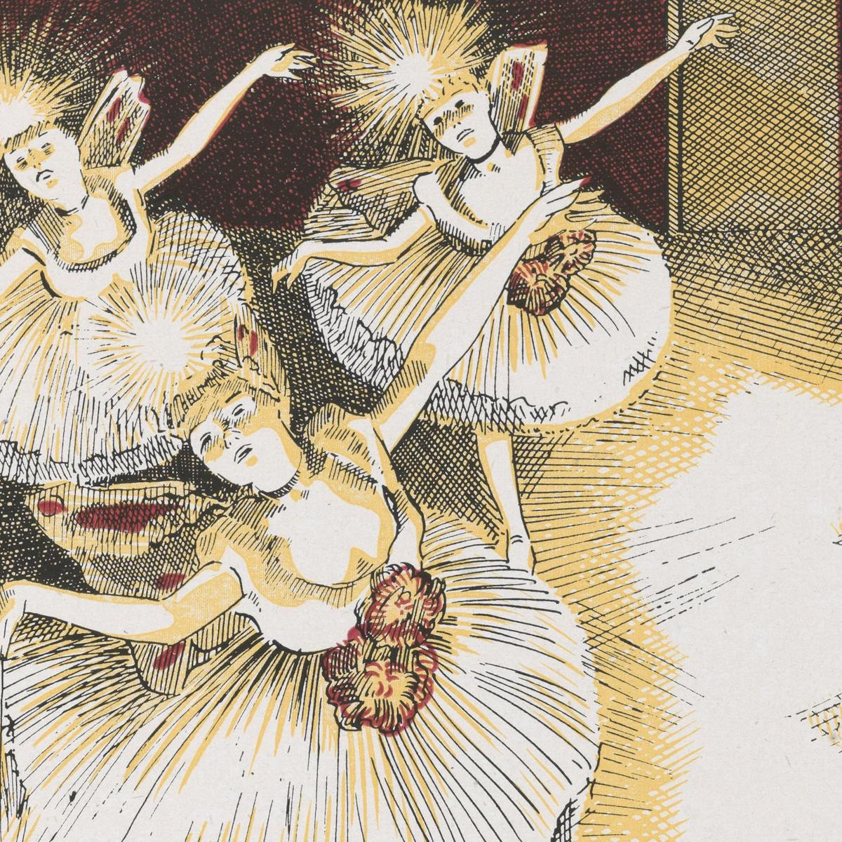 Drawings of four dancers in a fairy chorus, with electric lamps twinkling in their hair.