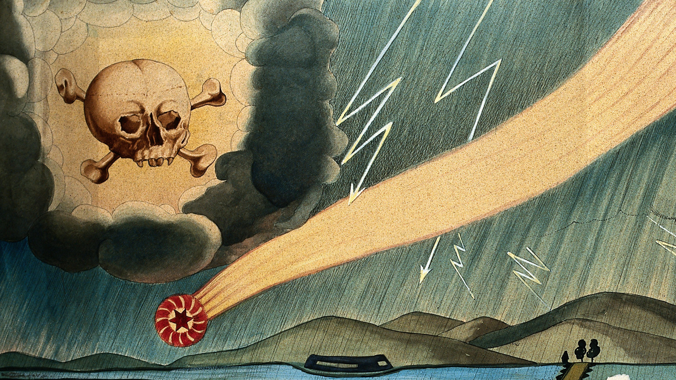 Thunder and lightning falling on a deserted landscape; left, a great skull and crossbones in the sky; centre, a falling star or asteroid; right, a bier in the sky with marked with the heads of three Orientals.