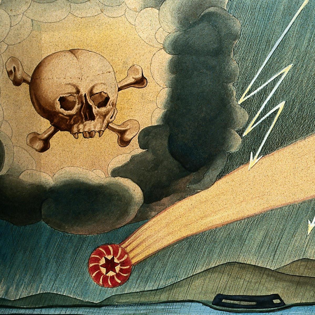 Thunder and lightning falling on a deserted landscape; left, a great skull and crossbones in the sky; centre, a falling star or asteroid; right, a bier in the sky with marked with the heads of three Orientals.