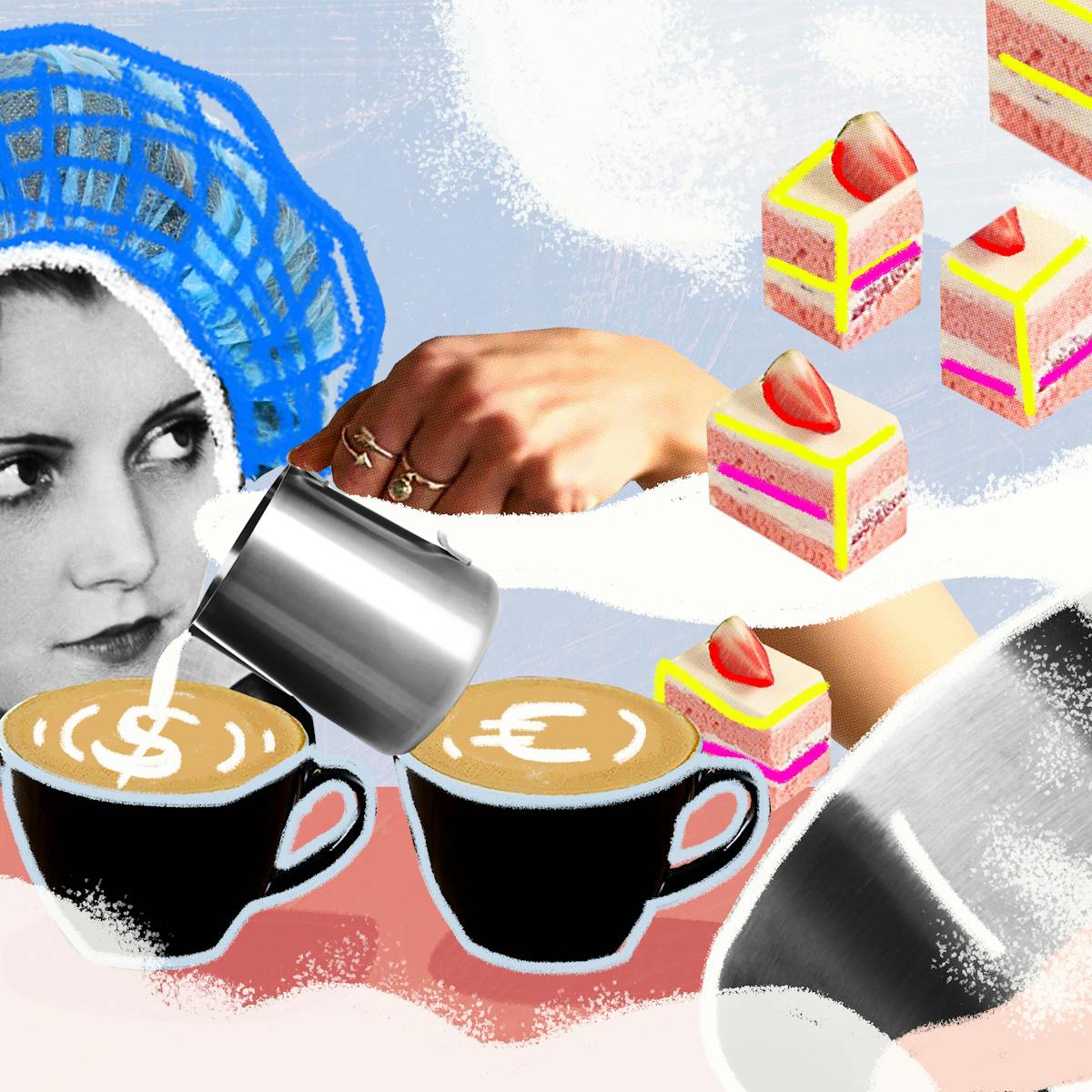 A collage combining photos and illustration featuring a woman in a blue hairnet, a row of three coffee cups with the pound, dollar and euro symbols being swirled on top, five squares of pink sponge cake, a metal cake mixer and bowl, all surrounded by clouds of icing sugar.