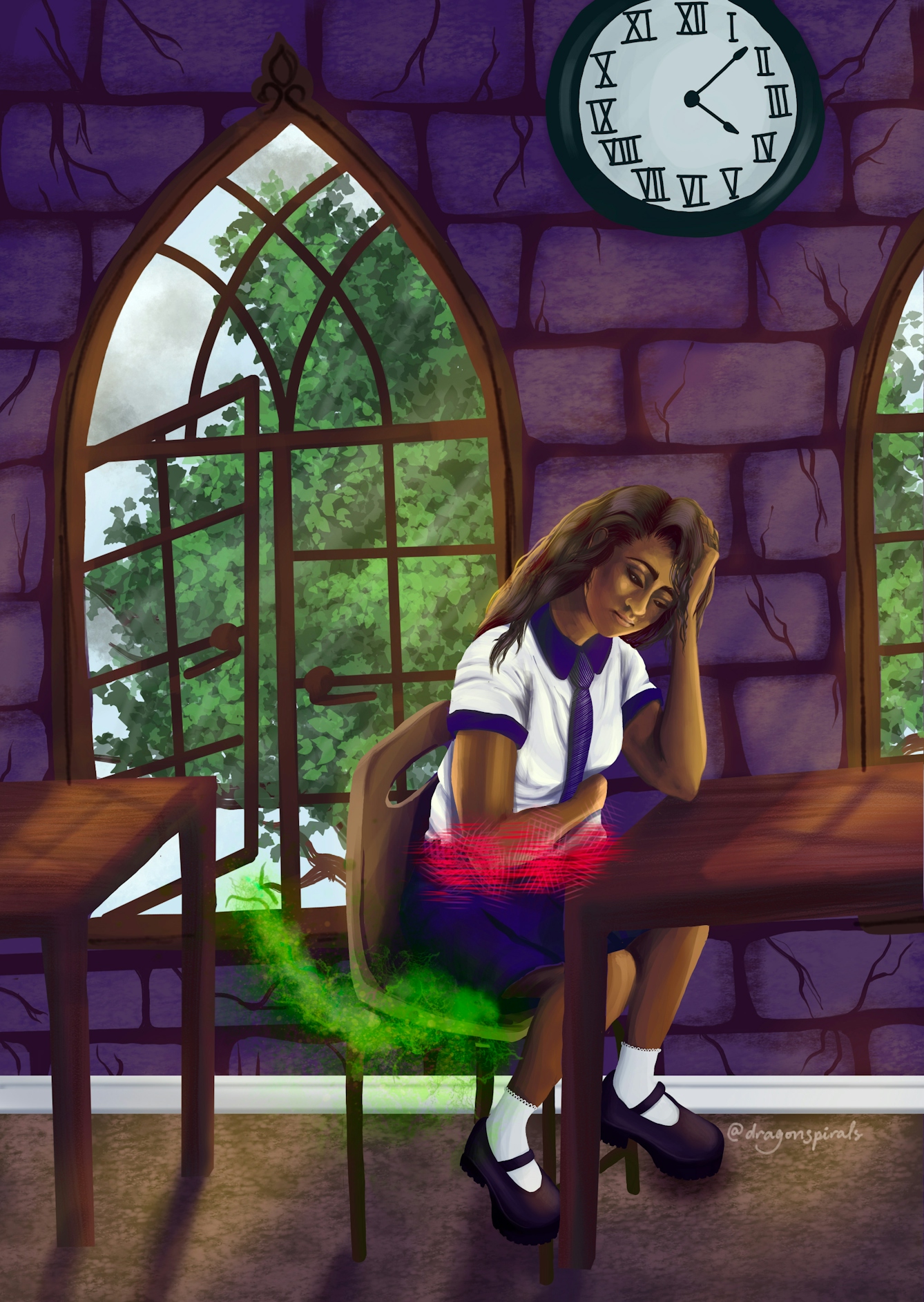 A student in a school uniform sits by an open window of a classroom. A green vapor and red aura surround her to signify pain and flatulence. 