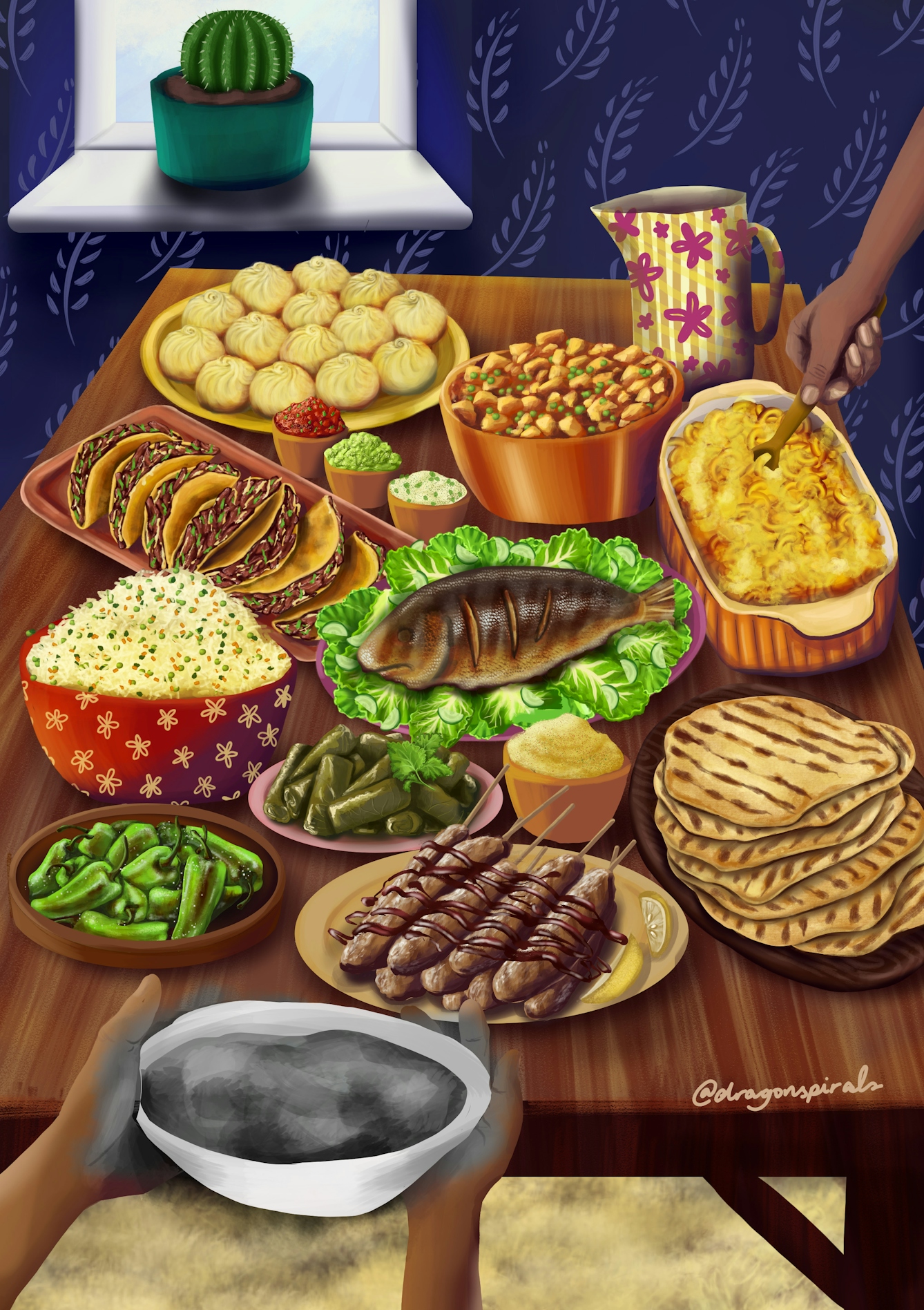 A hand holding a grey, unappealing bowl of food. In the background is a table set with a colourful feast, including dumplings, beans, macaroni pie, bread, fish and grilled meat. 