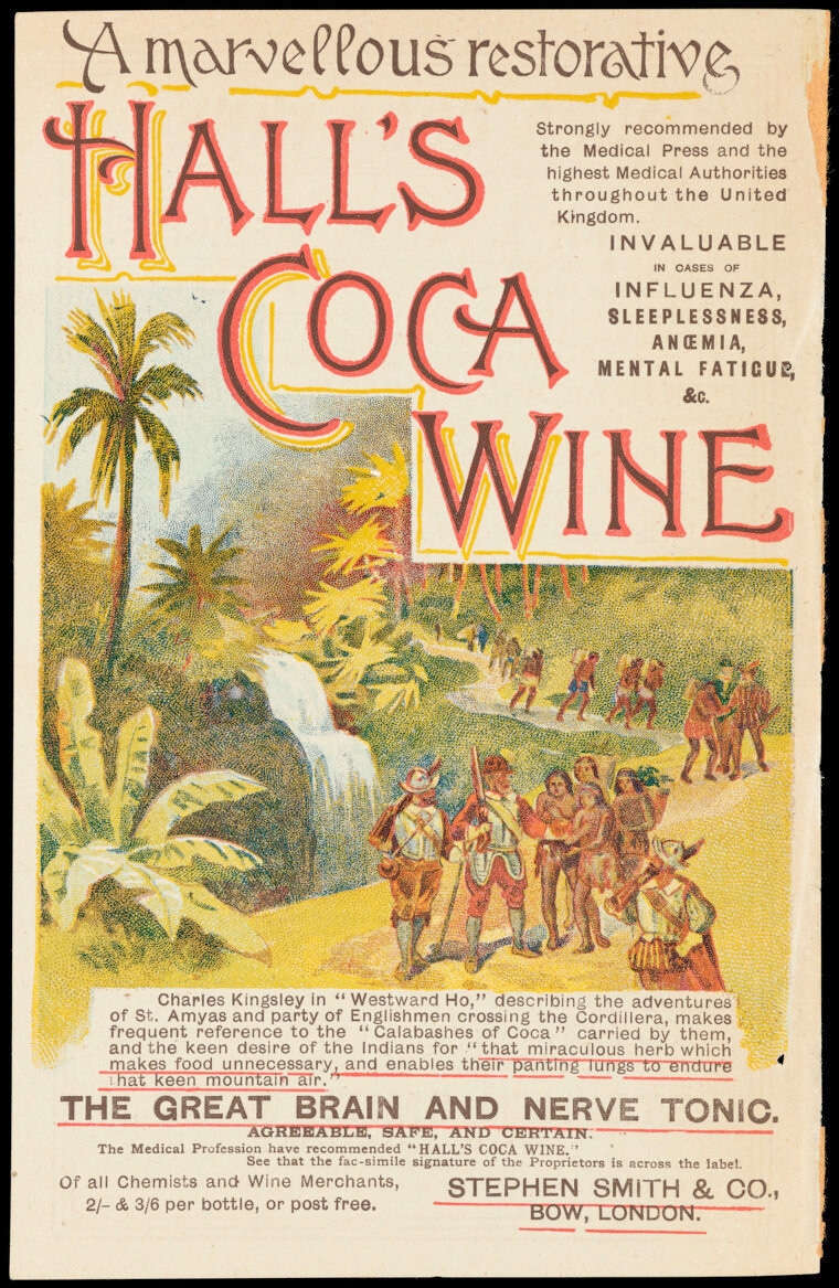 Leaflet advertising Hall's Coca Wine. It was sold as a restorative, "invaluable in cases of influenza, sleeplessness, neuralgia, anaemia, mental fatigue etc.". The iillustration shows conquistadors talking to a group of South American native luggage bearers in a rainforest and a waterfall behind them.