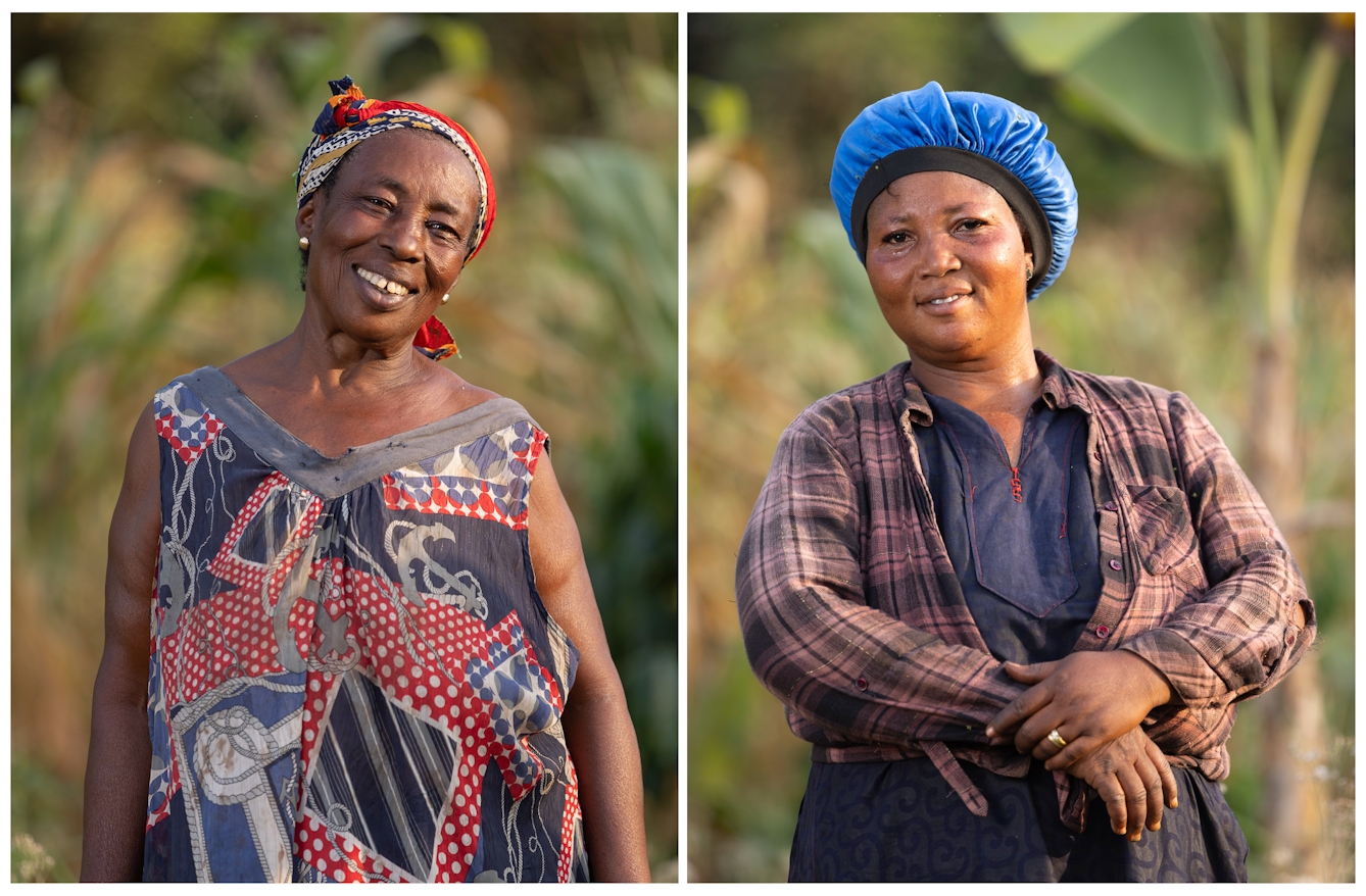 Two women are in separate portraits, smiling outdoors on their family farm. The first woman wears a patterned dress and headscarf. The second woman wears a blue headwrap and plaid shirt. The background is a blurred natural setting with greenery.