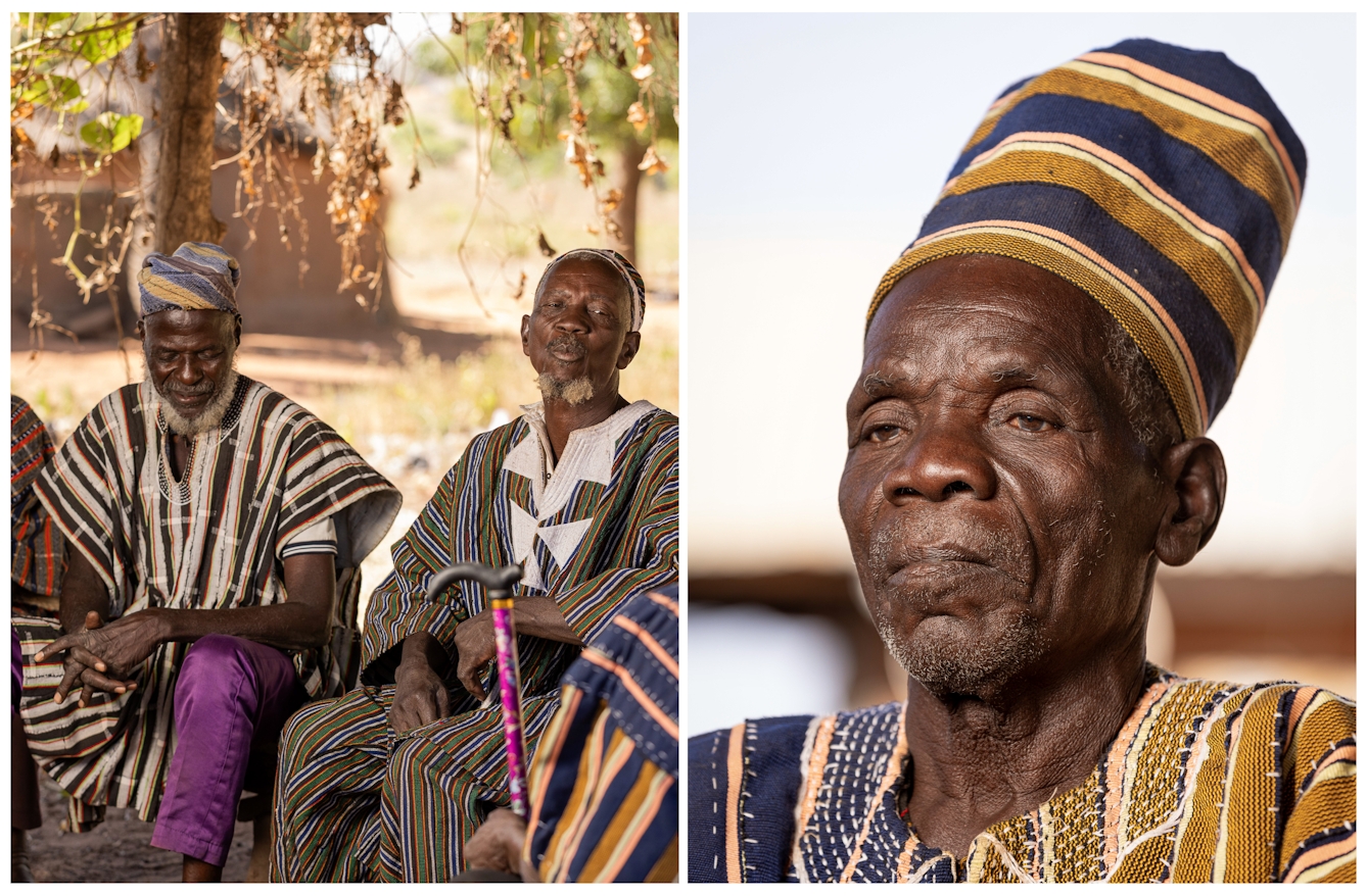 On the left: Two older men sit outdoors wearing traditional striped clothing and hats. On the right: A elderly man in traditional clothing looks contemplative. The setting has trees in the background.