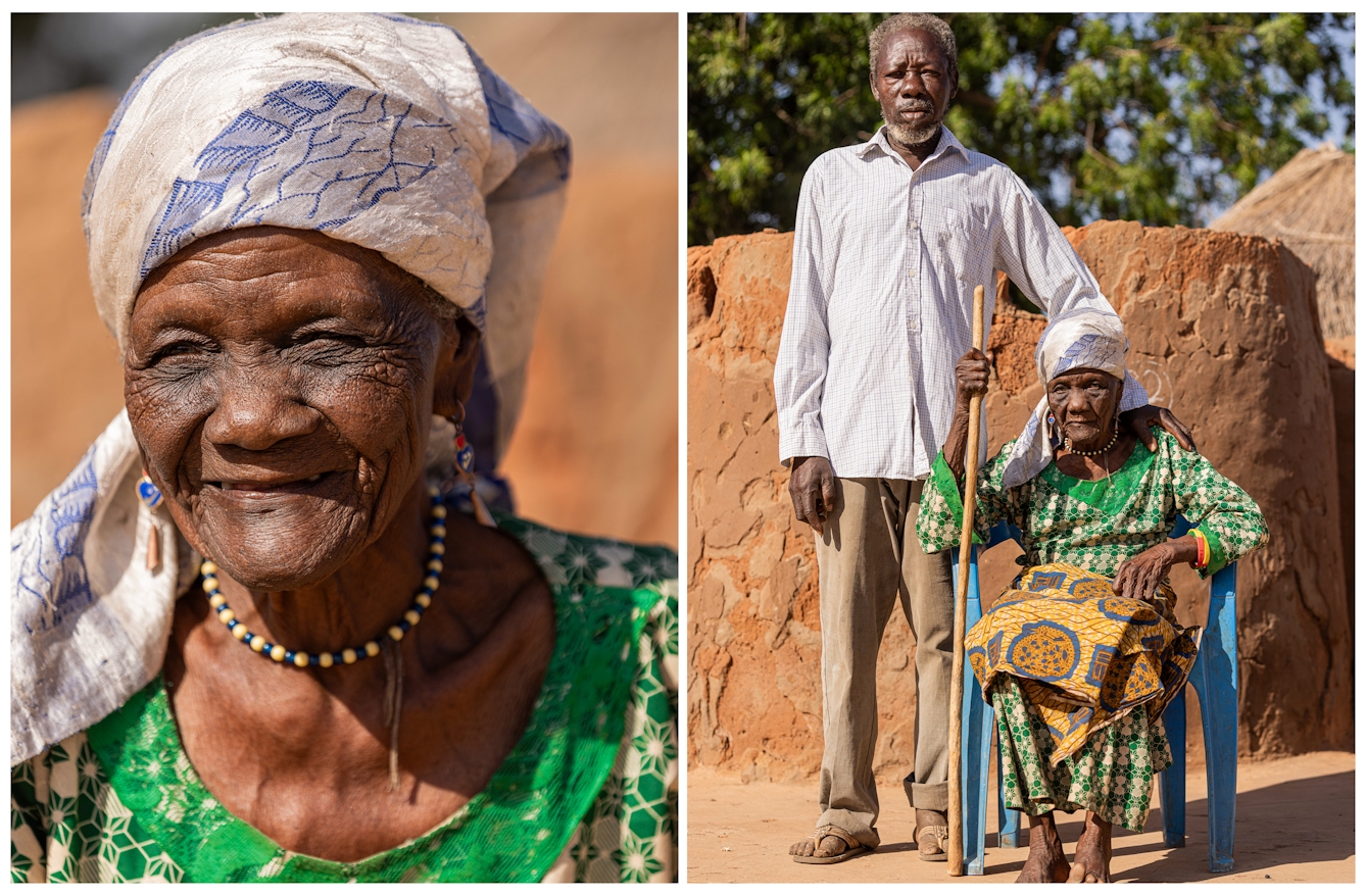 Left: An elderly woman with a patterned headscarf smiles outdoors. Right: The same woman sits in a chair beside an elderly man. She is holding a stick, and there are earthy structures in the background.