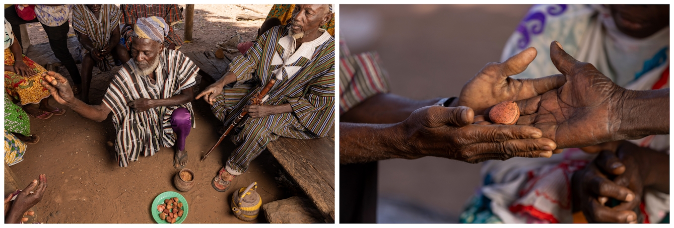 Left side: Two elderly people in traditional clothing share a ceremonial gesture around a bowl of kola nuts. Right side: Close-up of hands passing a kola nut, symbolising sharing or cultural exchange.