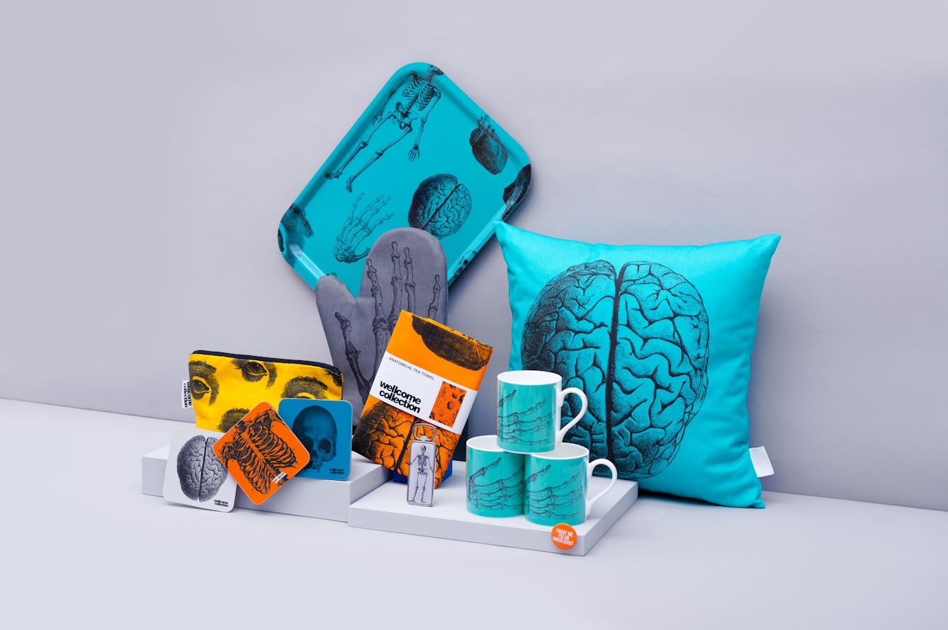 A series of small podiums. On the podiums are gifts and merchandise: a pillow with the image of a brain, a tray with the image of a brain, skeleton and heart; a tote bag with the image of a skeleton. Tea towels, oven gloves and mugs decorated with anatomical features are also on the podium.